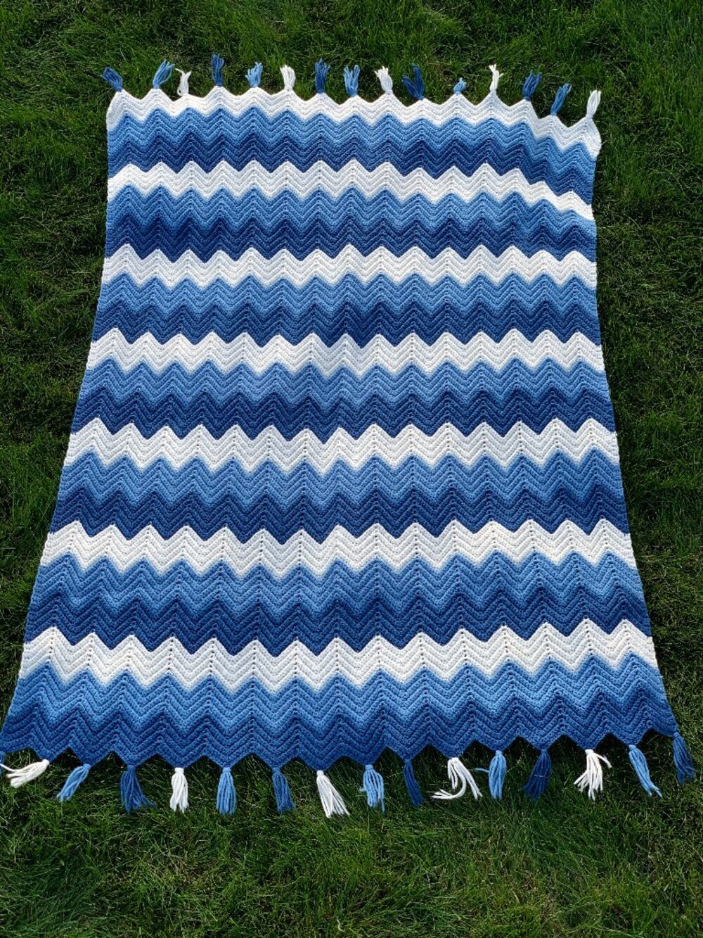 Vintage 80s Crochet Afghan Blue Chevron Hand Knit Wool Throw Boho Retro Blanket
